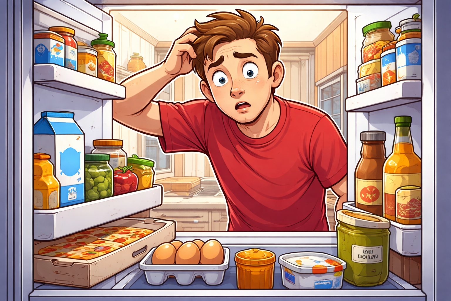 Confused person staring into an open fridge