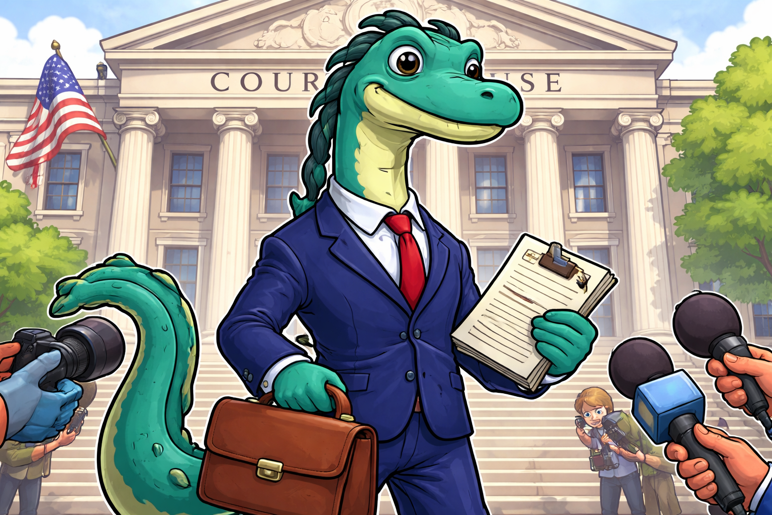 Loch Ness Monster in a suit outside a courthouse