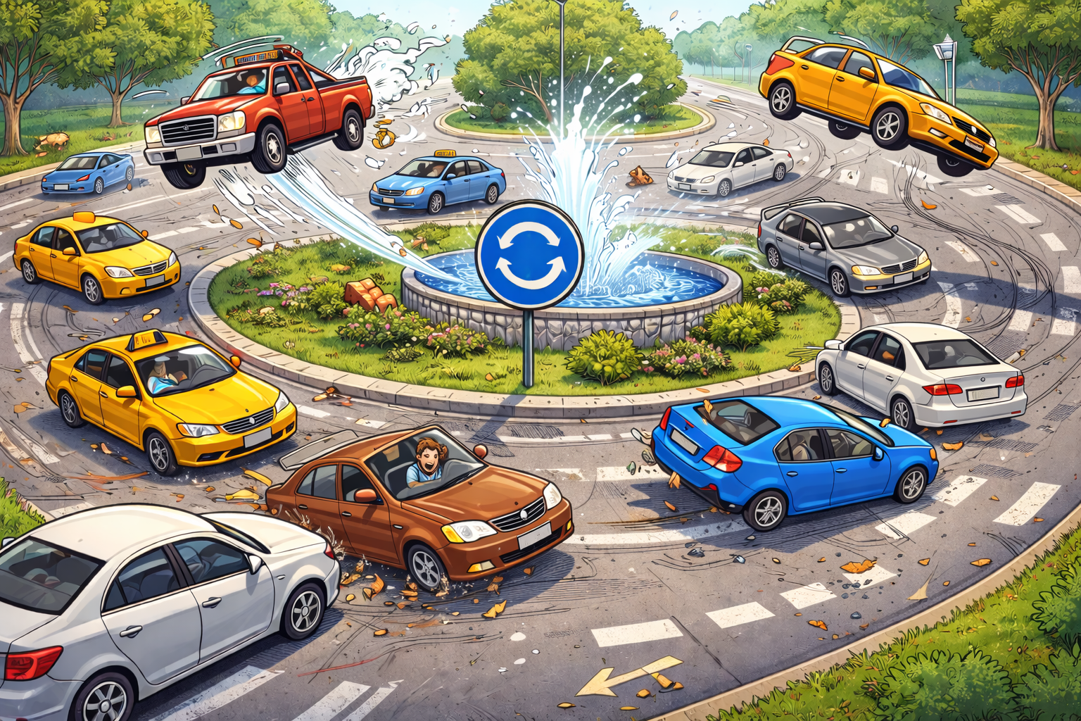 Drivers going the wrong way in a roundabout