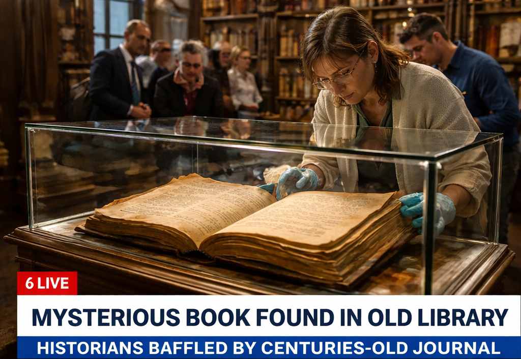 Image with a lady in gloves looking into a glass case with a mysterious book