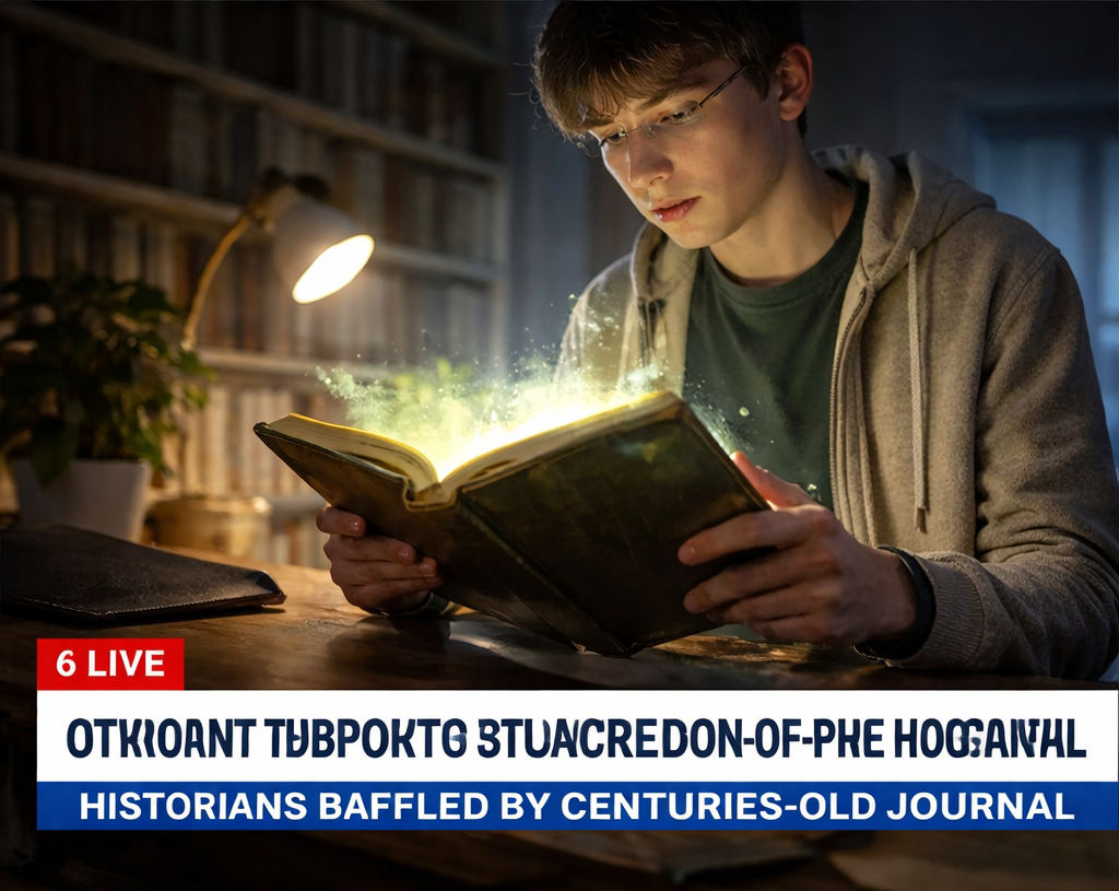 Image with a boy looking at a glowing book with a lamp